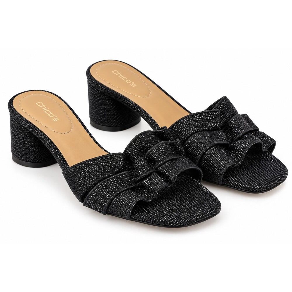 Chico's Black Ruffle Mule Sandals Block Heel Slides Preppy Women's Size 10M